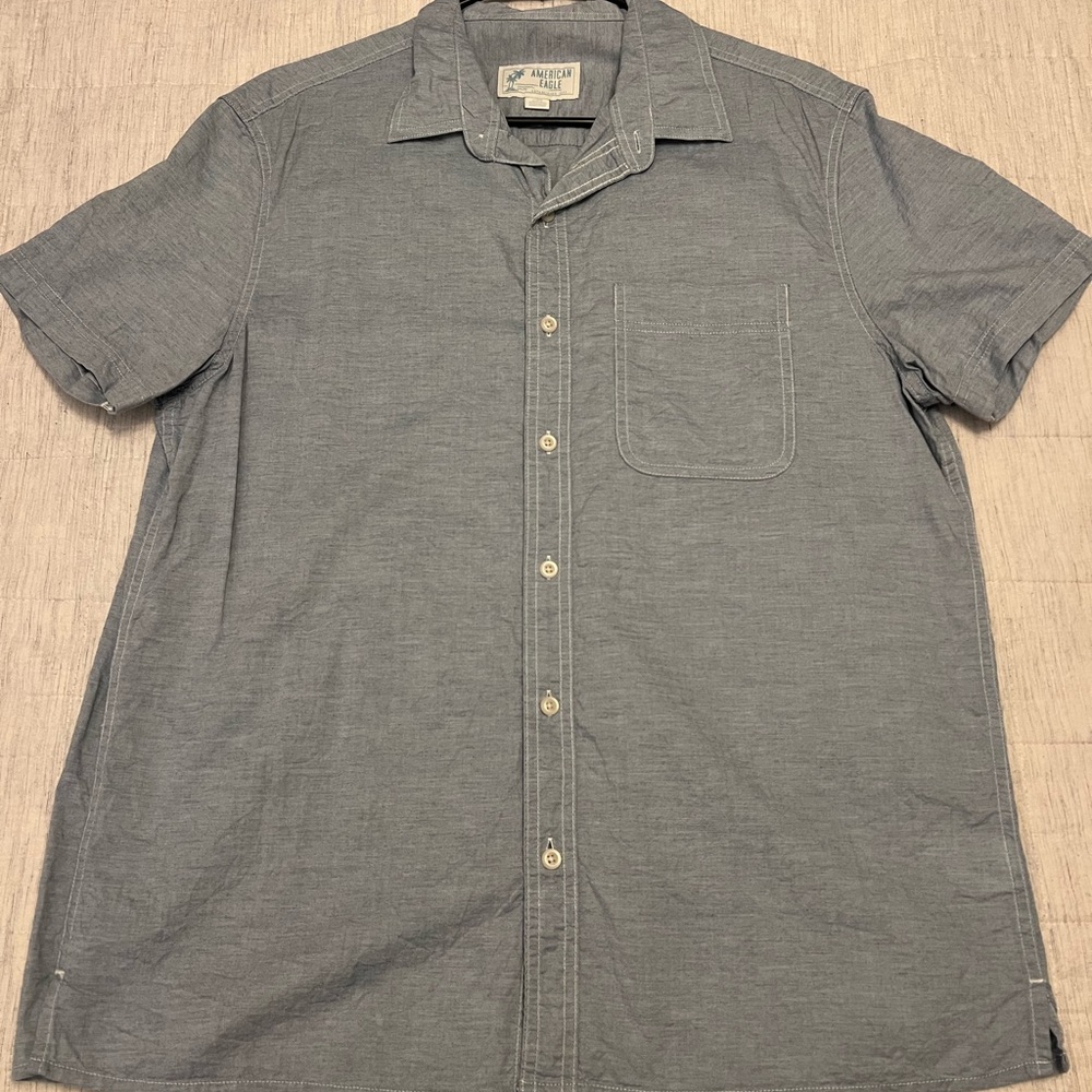 American Eagle Outfitters Men's Washed Blue Button Down Shirt